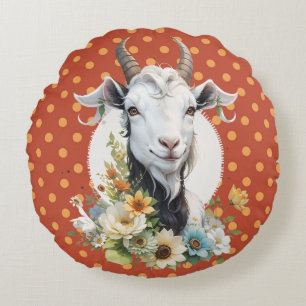 Goat with flowers on polka dots background round pillow