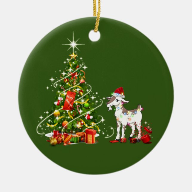 Goat With Hat LIGHTS Christmas Ceramic Ornament (Front)