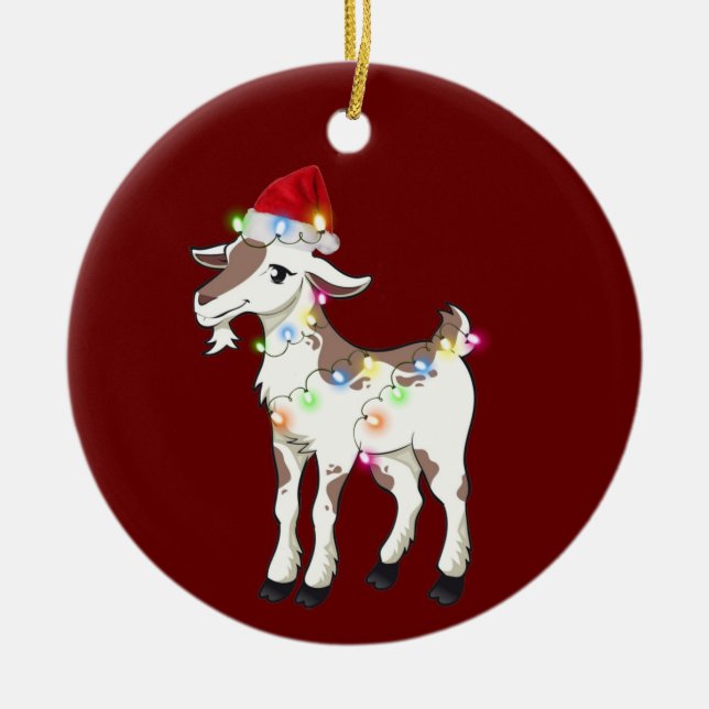 Goat With Hat Lights Christmas Ceramic Ornament (Front)