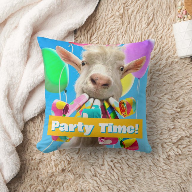 Goat with Party Blowers Throw Pillow (Blanket)