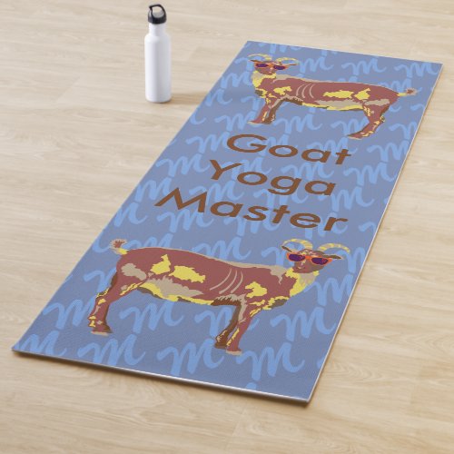 Goat Yoga Brown On Blue With Background Monogram Yoga Mat