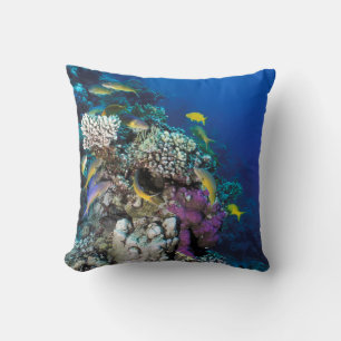 Goatfish Swarm Around Small Coral Throw Pillow