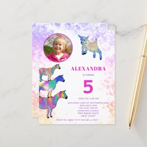 Goats 5th Birthday Photo Pink Budget Invitation