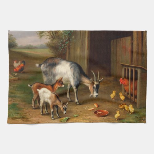 Goats And Chickens At The Farm Kitchen Towel