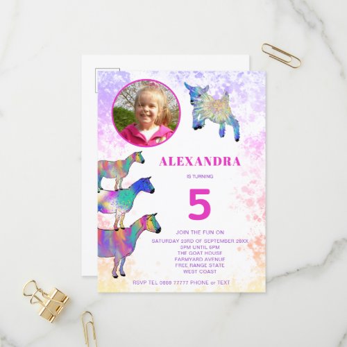 Goats colorful 5th Birthday Photo Pink  Invitation Postcard