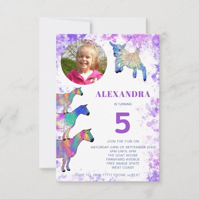 Goats colorful 5th Birthday Photo Purple Invitation (Front)