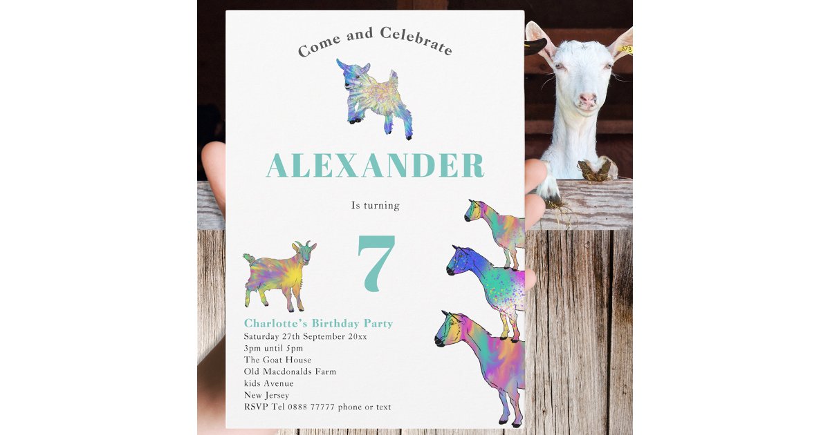 Goats Colorful Farm Animal Art 7th Birthday Party Invitation | Zazzle