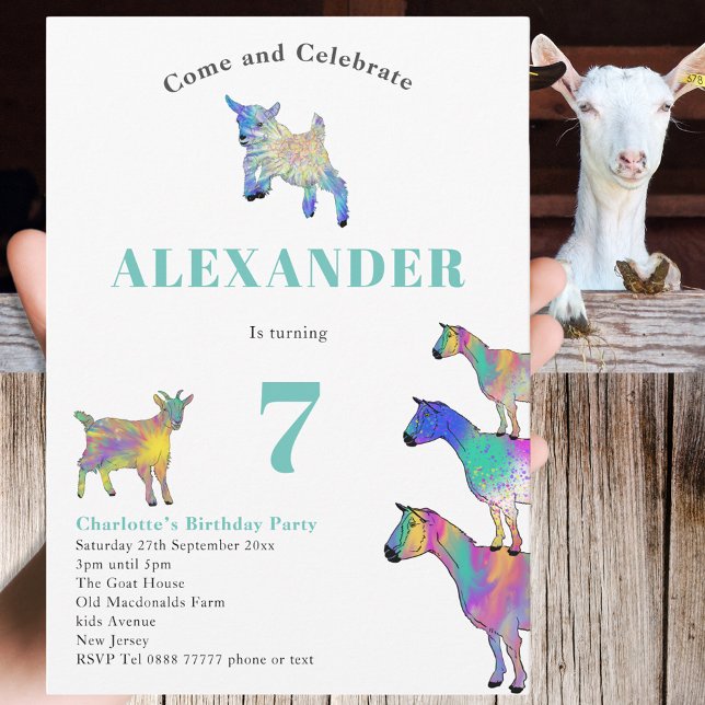 Goats Colorful Farm Animal Art 7th Birthday Party Invitation (Cute goats colorful farm animal watercolor art 7th birthday party invitation )