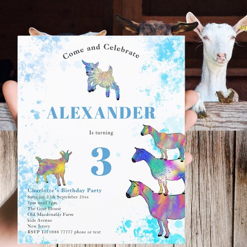 Goats Colorful Farm Animals 3rd Birthday Party Invitation