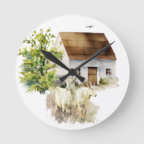 Goats country farm watercolor farmhouse round clock