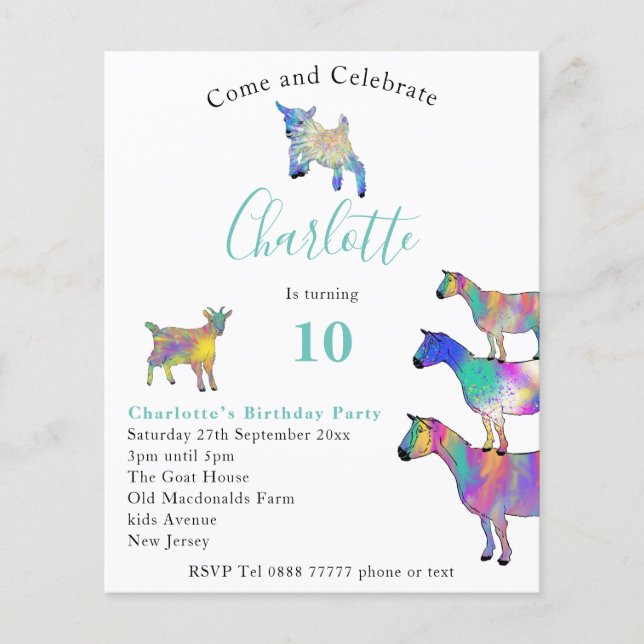 Goats Cute Colorful Animals 10th Birthday Budget Flyer (Front)