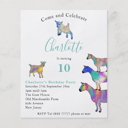Goats Cute Colorful Animals 10th Birthday Budget Flyer