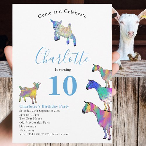 Goats Farm Animal 10th Birthday Party Blue Invitation