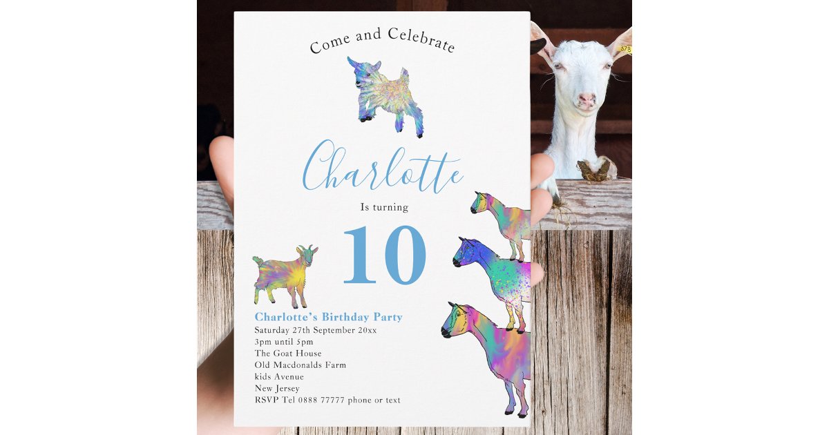 Goats Farm Animal 10th Birthday Party Blue Invitation | Zazzle