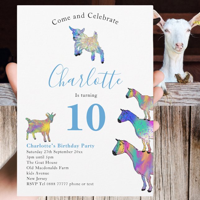 Goats Farm Animal 10th Birthday Party Blue Invitation (Cute goats colorful farm animal art watercolor 10th birthday party invitation )