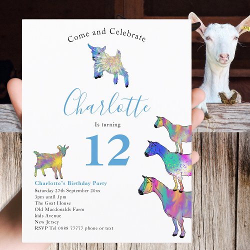 Goats Farm Animal 12th Birthday Party Blue Invitation Postcard