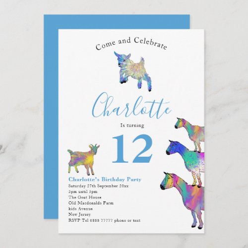 Goats Farm Animal Birthday Party Blue Invitation