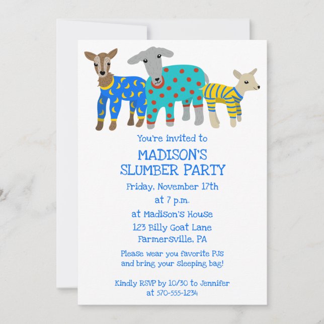 Goats in Pajamas Kids Slumber Party Invitation (Front)