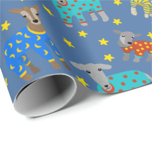 Goats in Pajamas with Stars Blue Patterned Wrapping Paper