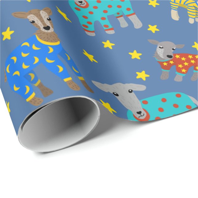 Goats in Pajamas with Stars Blue Patterned Wrapping Paper (Roll Corner)