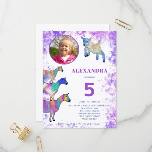 Goats Kids 5th Birthday Photo Purple Invitation Postcard