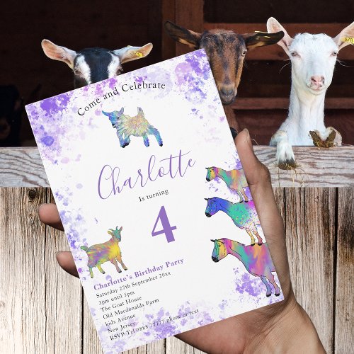 Goats Kids 5th Birthday Photo Purple Invitation Postcard