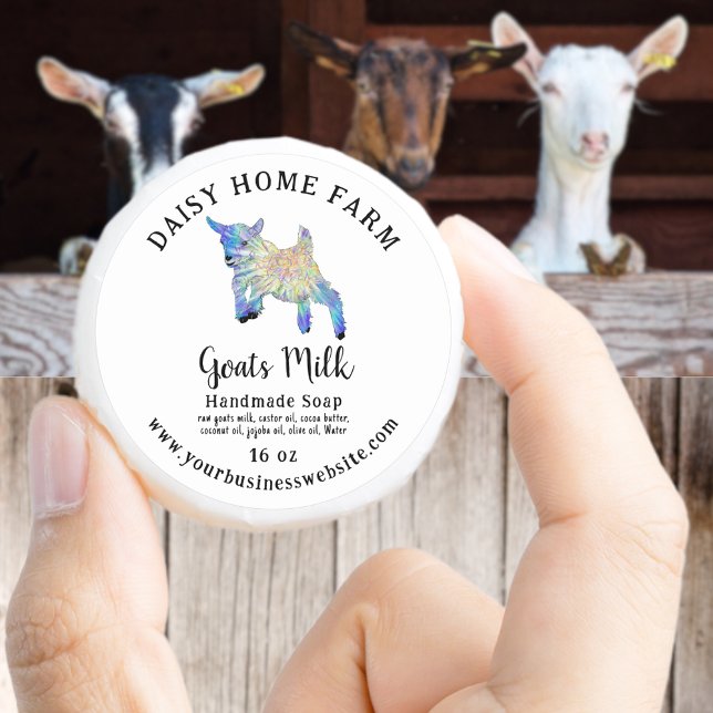 Goats Milk Soap Business Name Website Ingredients Classic Round Sticker (Goats milk soap custom homemade produce label business website Cute colorful goat jumping)