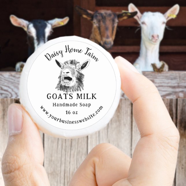 Goats Milk Soap Business Website  Classic Round Sticker (Goats milk soap black and white small business label with name website and screaming goat drawing)