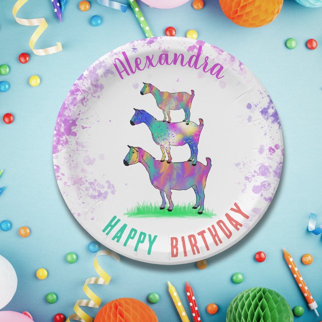 Goats Personalized Birthday Party Paper Plates (Cute goat farm animal themed birthday party colorful watercolor animal art)