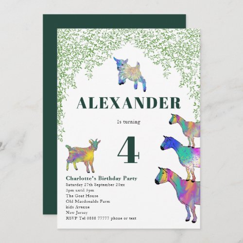 Goats Watercolor 4th Birthday Party Green Invitation