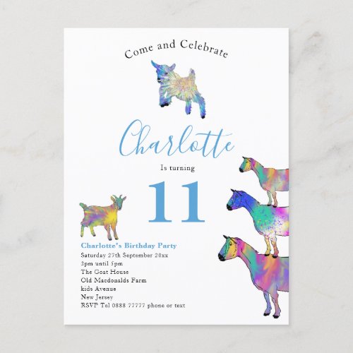 Goats Watercolor Birthday Party Blue Invitation Postcard