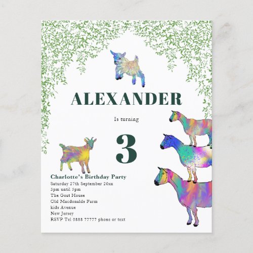 Goats Watercolor Birthday Party Green Budget Flyer