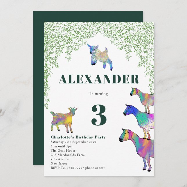 Goats Watercolor Birthday Party Green Invitation (Front/Back)