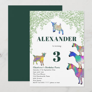 Goats Watercolor Birthday Party Green Invitation