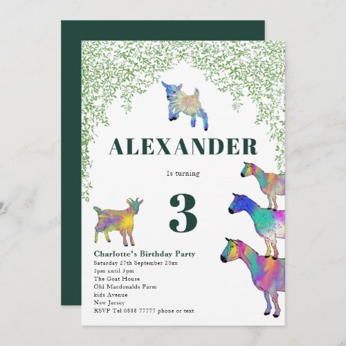 Goats Watercolor Birthday Party Green Invitation