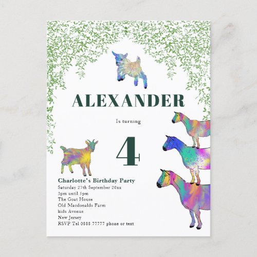 Goats Watercolor Birthday Party Green Invitation Postcard