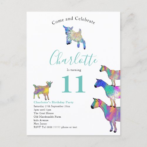 Goats Watercolor Birthday Party Invitation Postcard