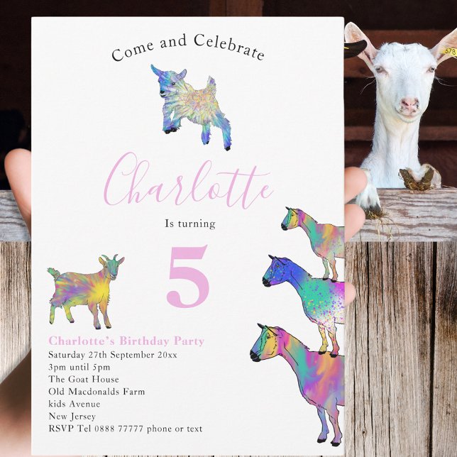 Goats Watercolor Birthday Party Pink Invitation (Cute goats colorful farm animal watercolor art 5th birthday party invitation )