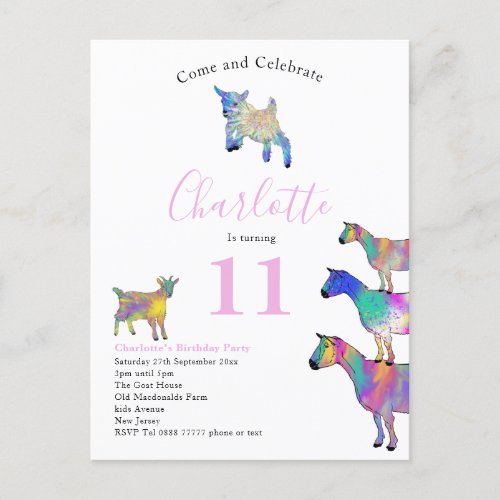 Goats Watercolor Birthday Party Pink Invitation Postcard