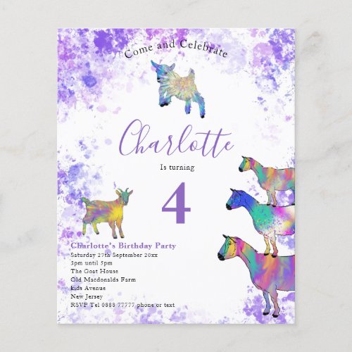 Goats Watercolor Birthday Party Purple Budget Flyer