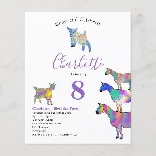 Goats Watercolor Birthday Party Purple Budget Flyer