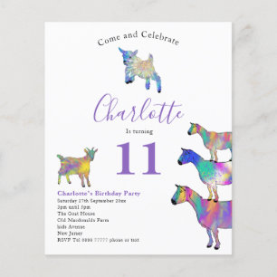 Goats Watercolor Birthday Party Purple Budget Flyer