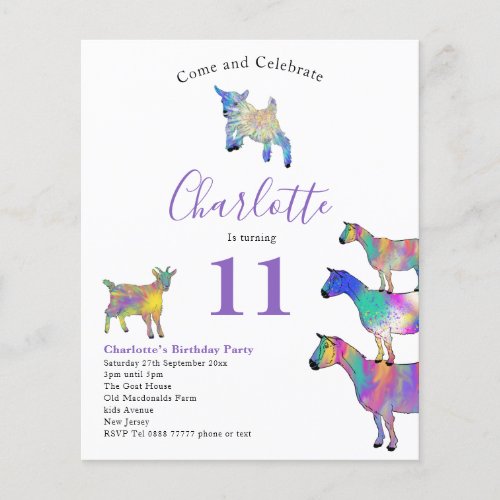 Goats Watercolor Birthday Party Purple Budget Flyer