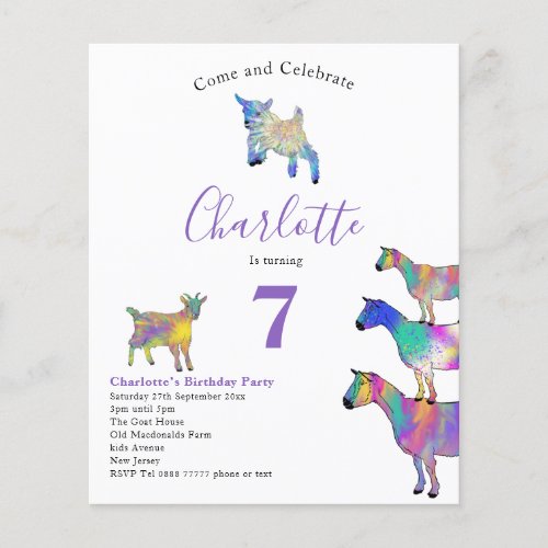 Goats Watercolor Birthday Party Purple Budget Flyer