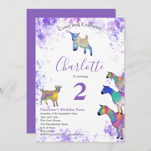 Goats Watercolor Birthday Party Purple Invitation