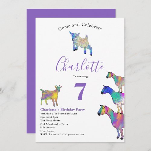 Goats Watercolor Birthday Party Purple Invitation