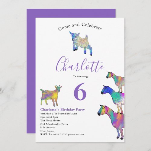 Goats Watercolor Birthday Party Purple Invitation