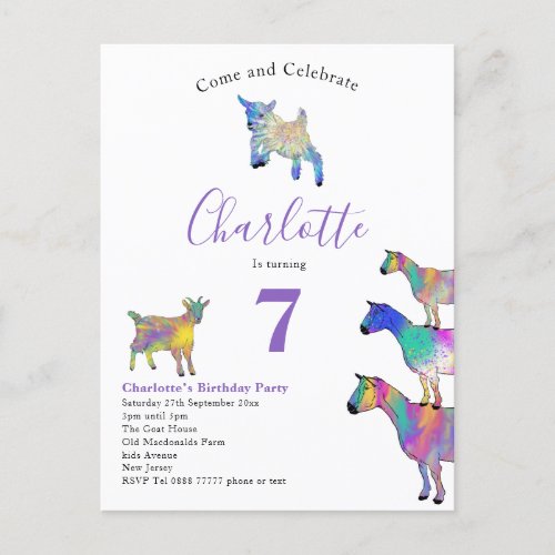 Goats Watercolor Birthday Party Purple Invitation Postcard