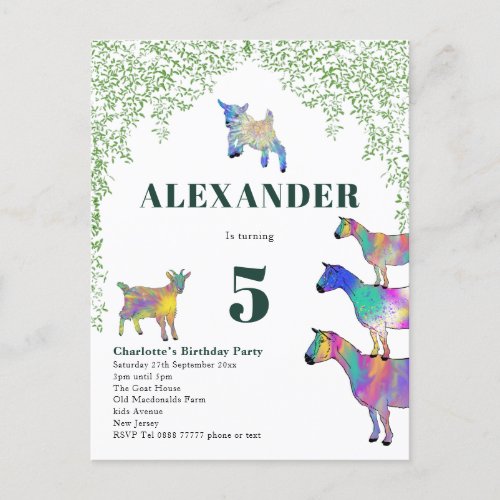 Goats Watercolor Foliage Birthday Party Invitation Postcard