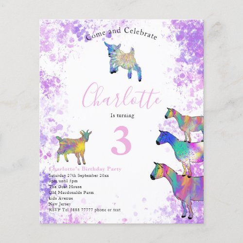 Goats Watercolor Girls Birthday Party Budget Flyer